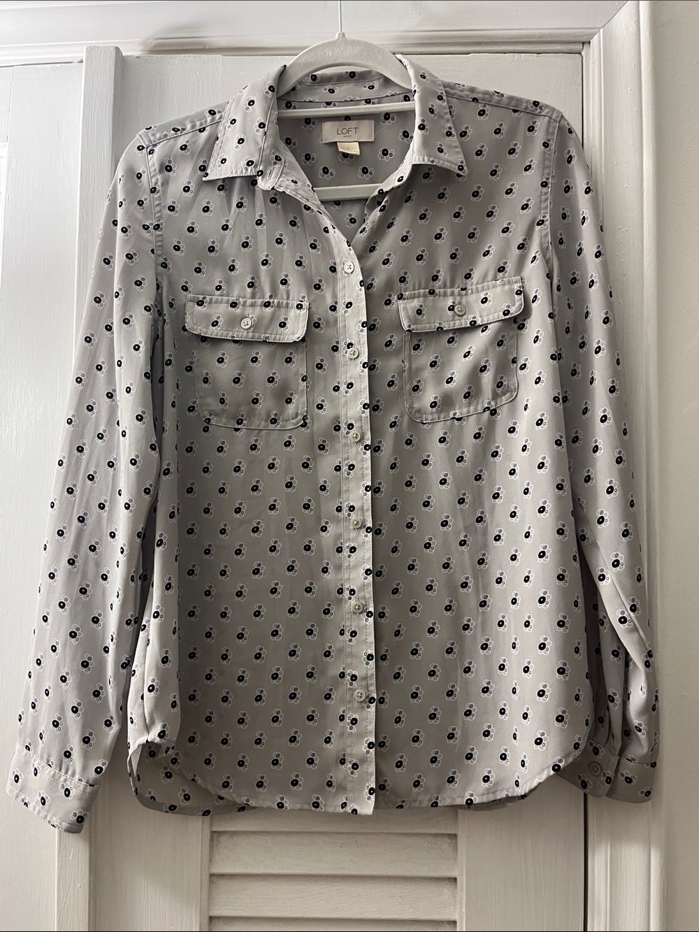 LOFT Light Gray Button-Down Blouse with Black Dot Floral Print
